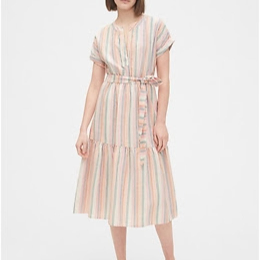 GAP Linen Ruffle Multi Stripe Midi Dress
